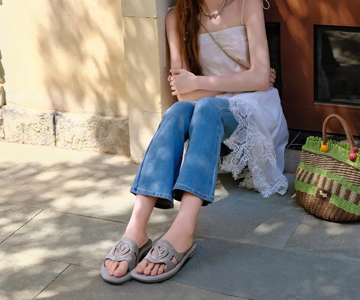 ONCAI Women's Flat Sandals Fashion Summer Dressy Sandals Casual Beach Flat Sandal For Woman Square Toe Comfortable Cushion Footbed Slip On Ladies Slides Women Size 6-11