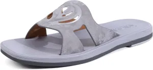 ONCAI Women's Flat Sandals Fashion Summer Dressy Sandals Casual Beach Flat Sandal For Woman Square Toe Comfortable Cushion Footbed Slip On Ladies Slides Women Size 6-11