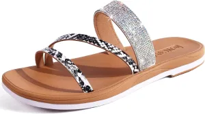 ONCAI Women's Flat Sandals Summer Dressy Casual Sandals Women Fashion Rhinestone Square Toe Slip On Ladies Slides Comfortable Cushion Footbed Beach Flat Sandal For Woman Size 6-11