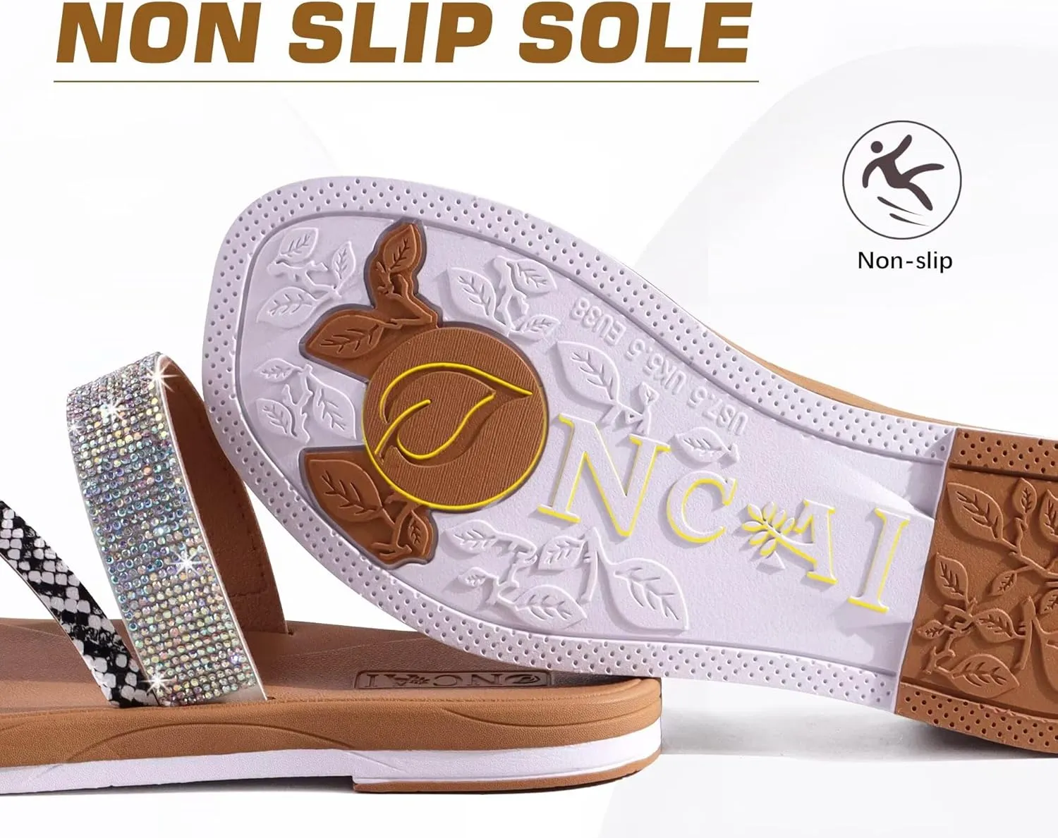 ONCAI Women's Flat Sandals Summer Dressy Casual Sandals Women Fashion Rhinestone Square Toe Slip On Ladies Slides Comfortable Cushion Footbed Beach Flat Sandal For Woman Size 6-11