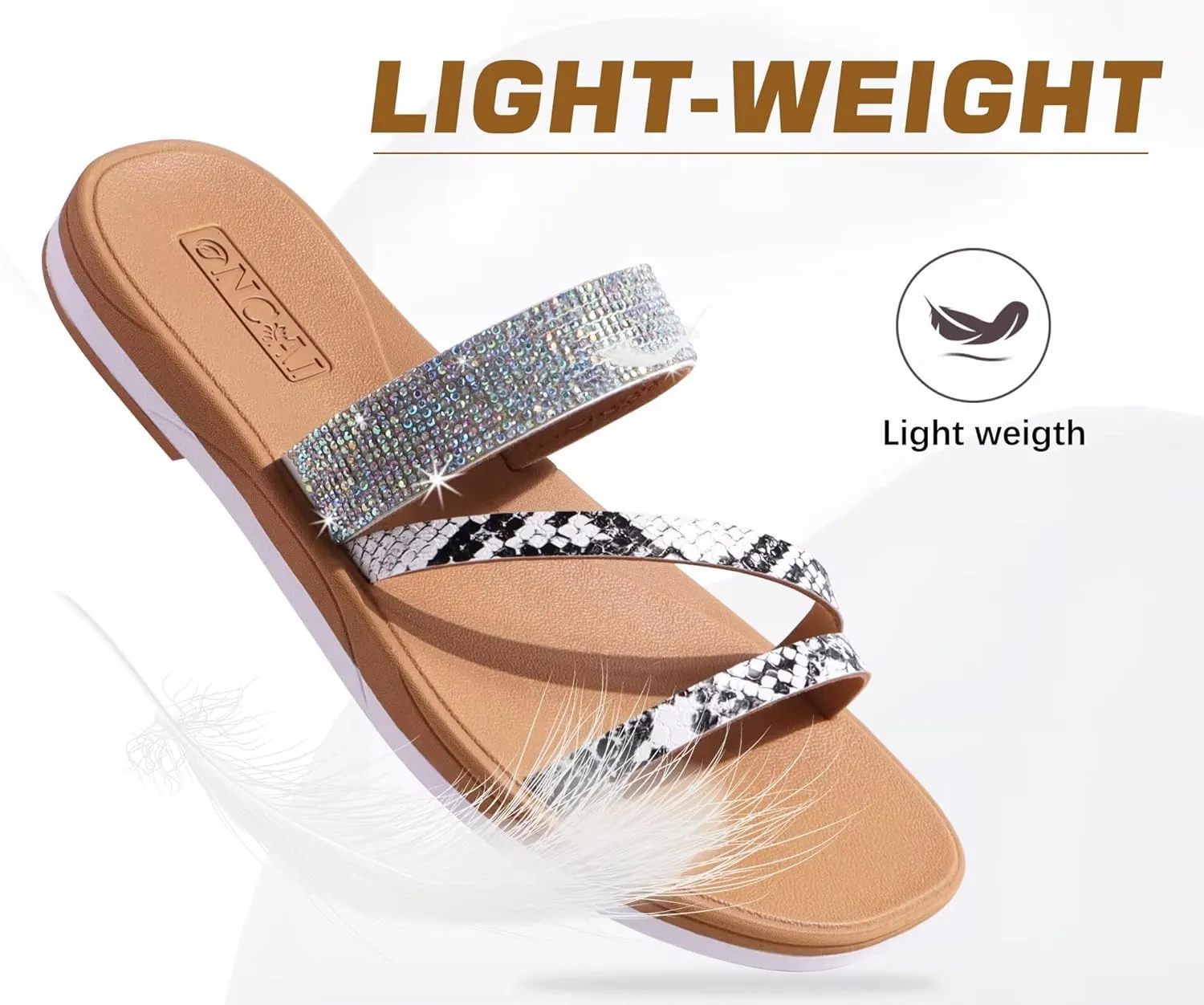 ONCAI Women's Flat Sandals Summer Dressy Casual Sandals Women Fashion Rhinestone Square Toe Slip On Ladies Slides Comfortable Cushion Footbed Beach Flat Sandal For Woman Size 6-11