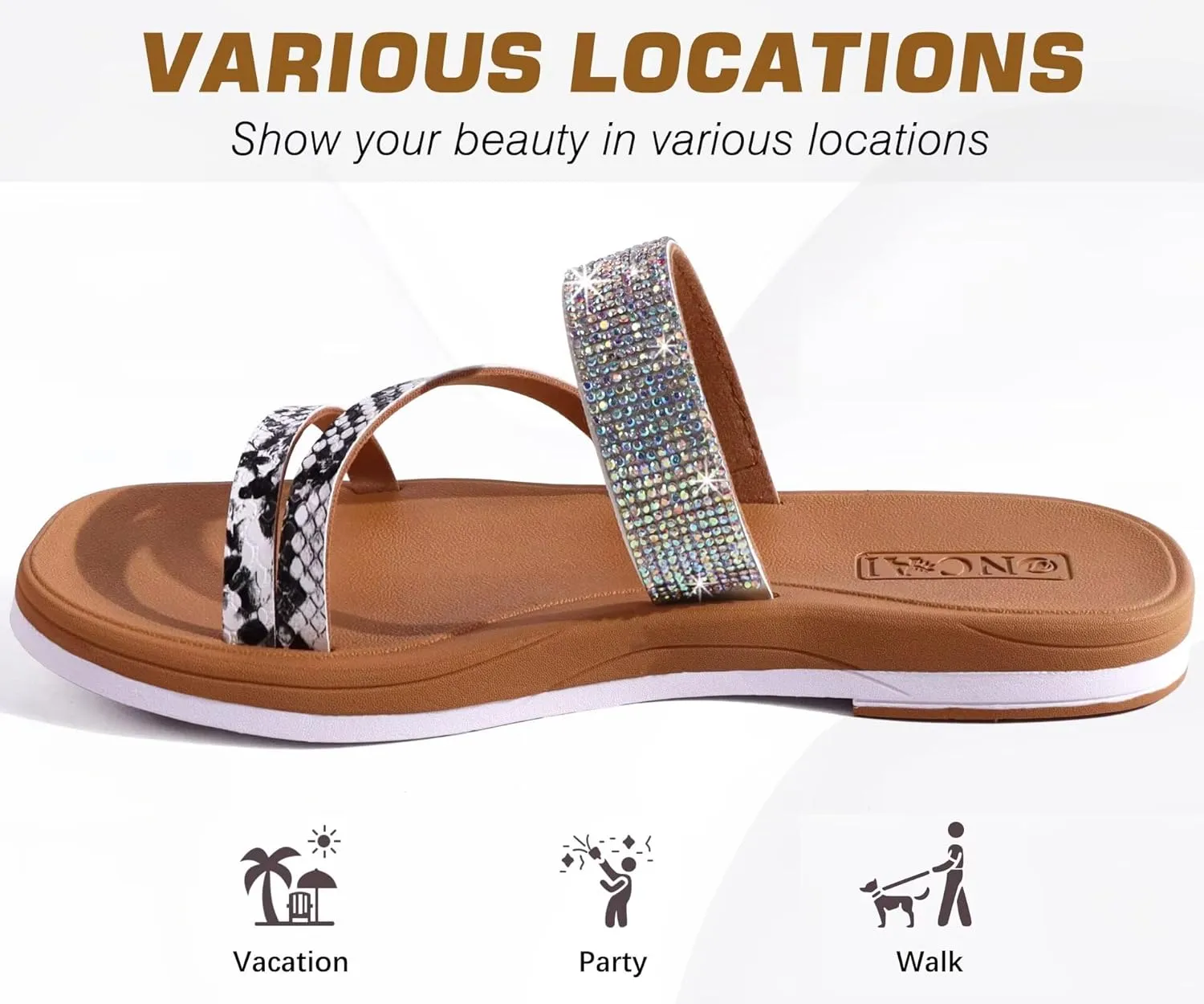ONCAI Women's Flat Sandals Summer Dressy Casual Sandals Women Fashion Rhinestone Square Toe Slip On Ladies Slides Comfortable Cushion Footbed Beach Flat Sandal For Woman Size 6-11