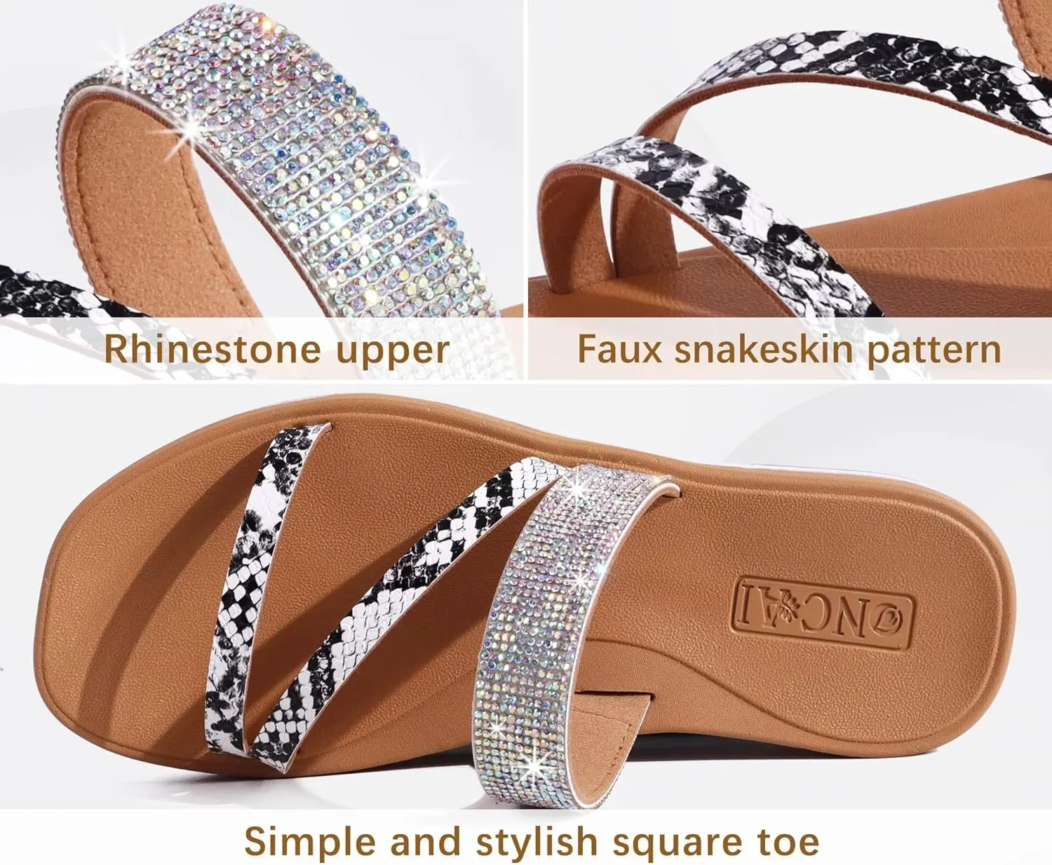 ONCAI Women's Flat Sandals Summer Dressy Casual Sandals Women Fashion Rhinestone Square Toe Slip On Ladies Slides Comfortable Cushion Footbed Beach Flat Sandal For Woman Size 6-11