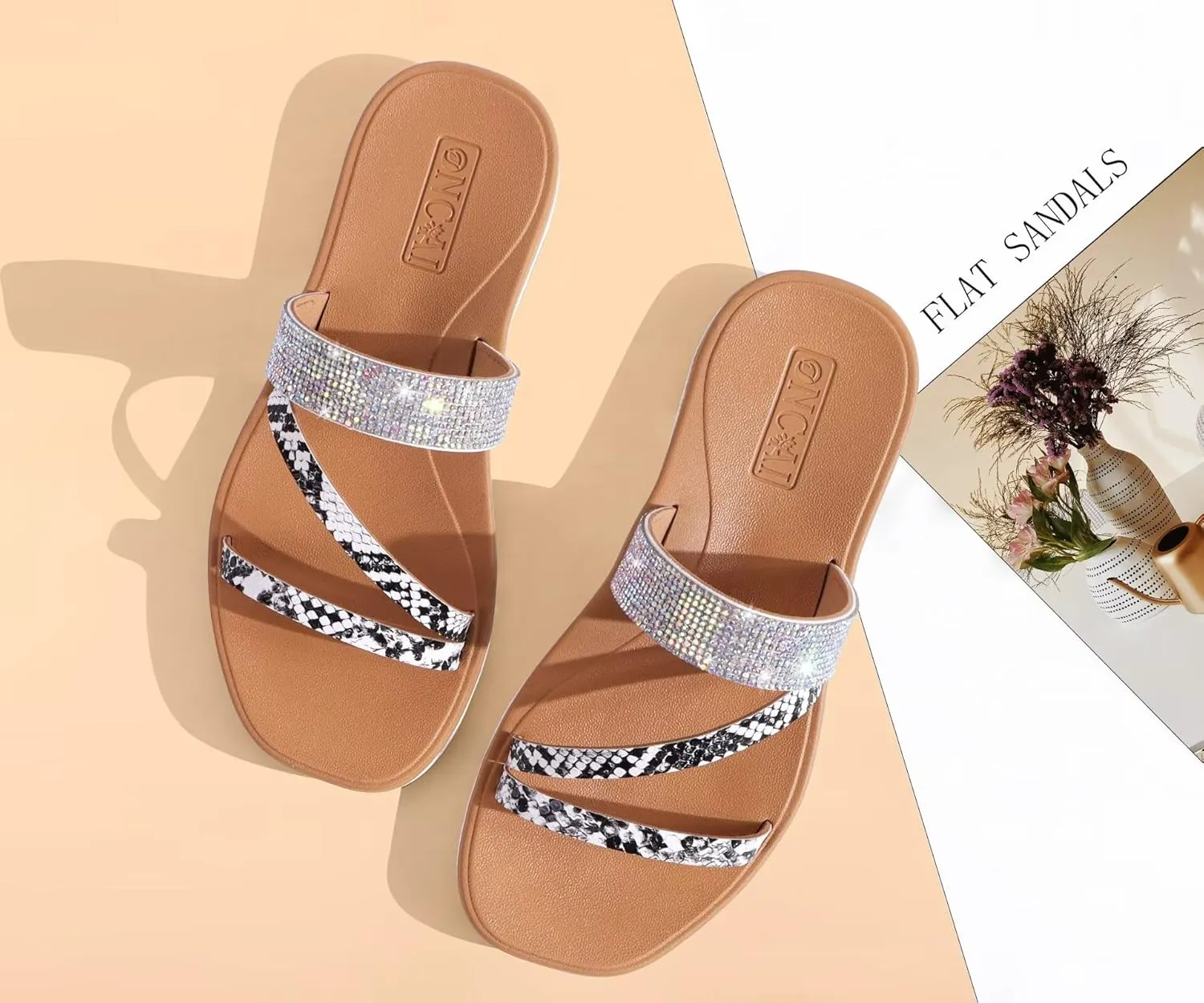 ONCAI Women's Flat Sandals Summer Dressy Casual Sandals Women Fashion Rhinestone Square Toe Slip On Ladies Slides Comfortable Cushion Footbed Beach Flat Sandal For Woman Size 6-11