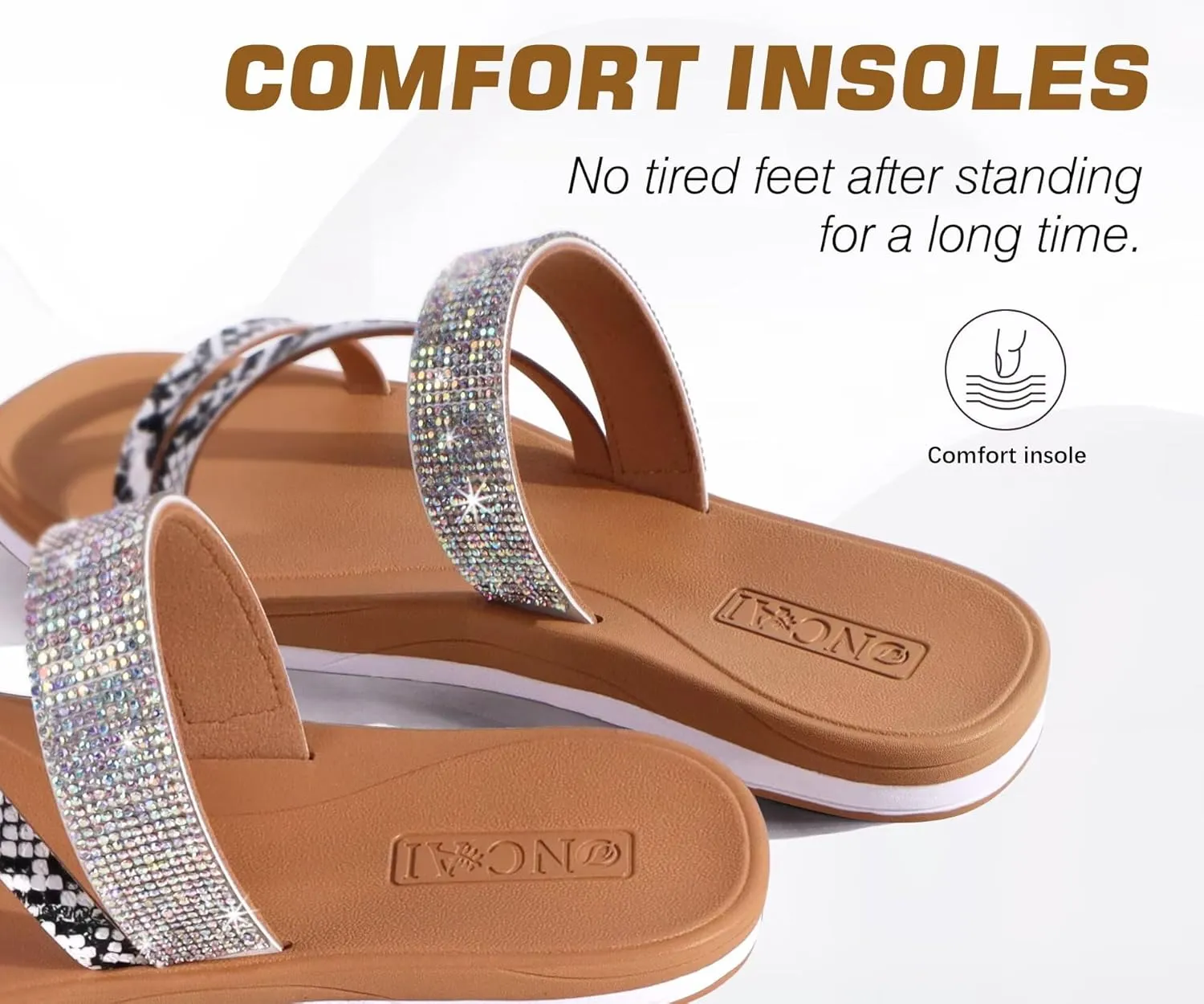 ONCAI Women's Flat Sandals Summer Dressy Casual Sandals Women Fashion Rhinestone Square Toe Slip On Ladies Slides Comfortable Cushion Footbed Beach Flat Sandal For Woman Size 6-11