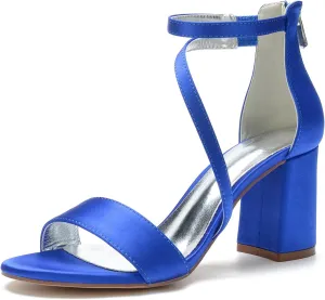 Open Toe Bridal Shoes 8CM Ankle Strap Buckle Sandals Women's Wedding Zipper Back Evening Formal Wide Block Heels Party Pump Guests,Blue,9