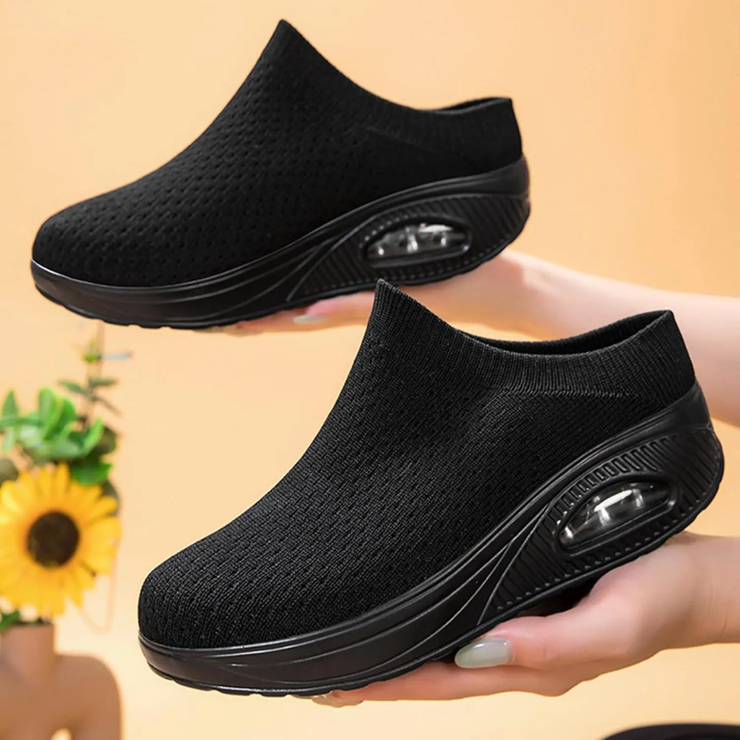 Orthopedic Mule Clogs for Women Stretch Knitted Platform Closed Round Toe Comfortable Breathable Air Cushion Walking Sliipers Open Back Wedge Heel Casual Mules Sneaker with Arch Support