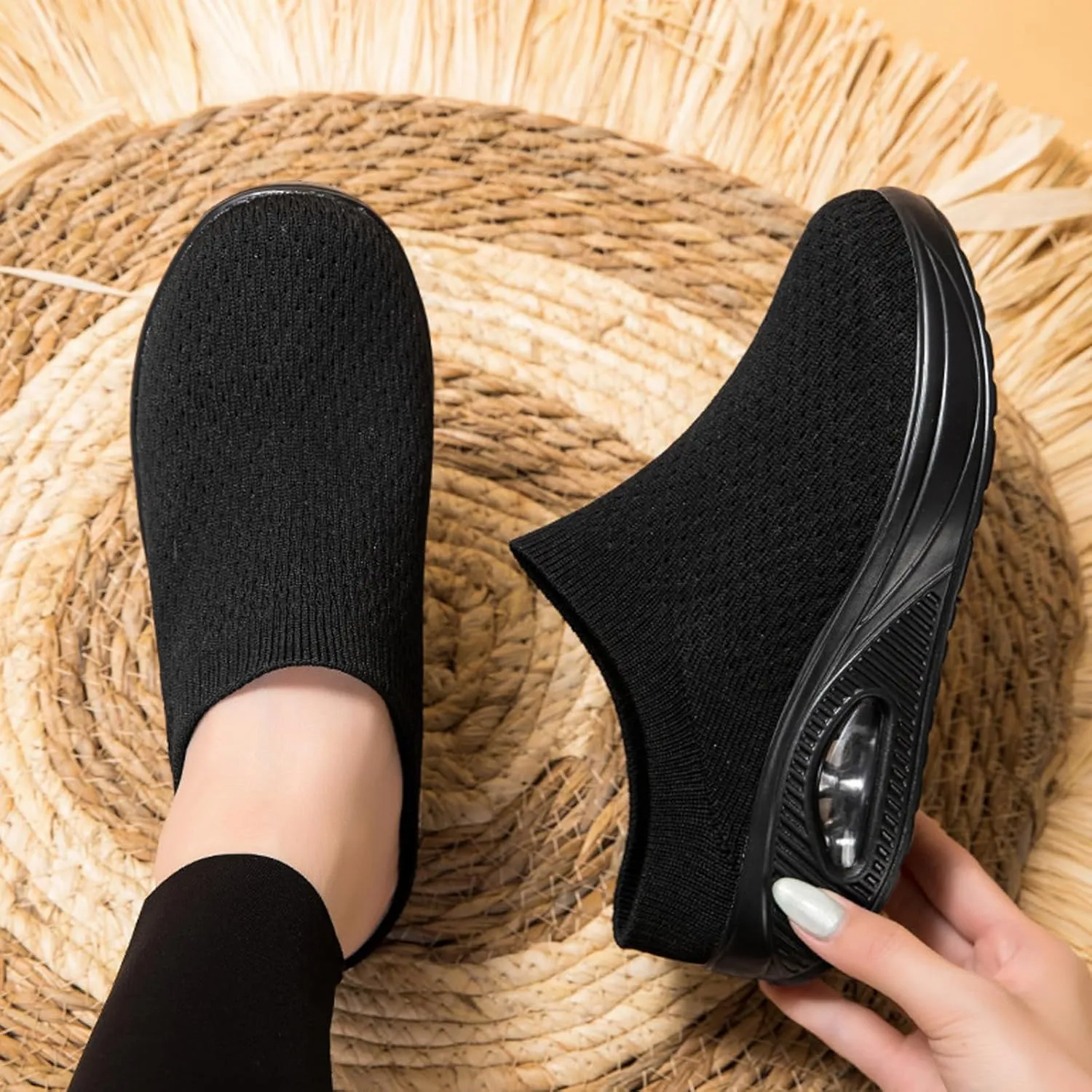 Orthopedic Mule Clogs for Women Stretch Knitted Platform Closed Round Toe Comfortable Breathable Air Cushion Walking Sliipers Open Back Wedge Heel Casual Mules Sneaker with Arch Support