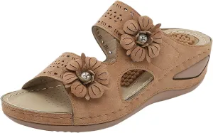 Orthopedic Sandals for Women 2025 Casual Vintage Flats Embroidered Casual Vintage Summer Slippers Hollow Outdoor Round Toe Shoes Fashion Flat Sandal Floral Cute