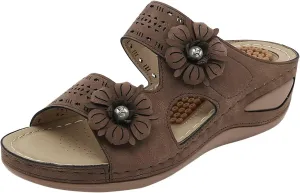 Orthopedic Sandals for Women 2025 Casual Vintage Flats Embroidered Casual Vintage Summer Slippers Hollow Outdoor Round Toe Shoes Fashion Flat Sandal Floral Cute