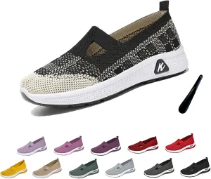 Orthowalkway Womens Shoes, Women's Woven Orthopedic Breathable Soft Shoes Arch Support Slip-On Sneakers, Indoor Outdoor Casual Walking Anti-Skid Sports Shoes