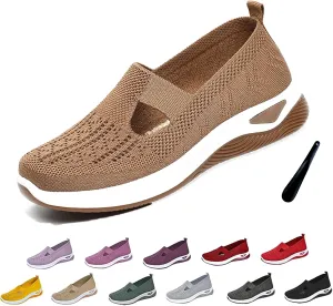 Orthowalkway Womens Shoes, Women's Woven Orthopedic Breathable Soft Shoes Arch Support Slip-On Sneakers, Indoor Outdoor Casual Walking Anti-Skid Sports Shoes