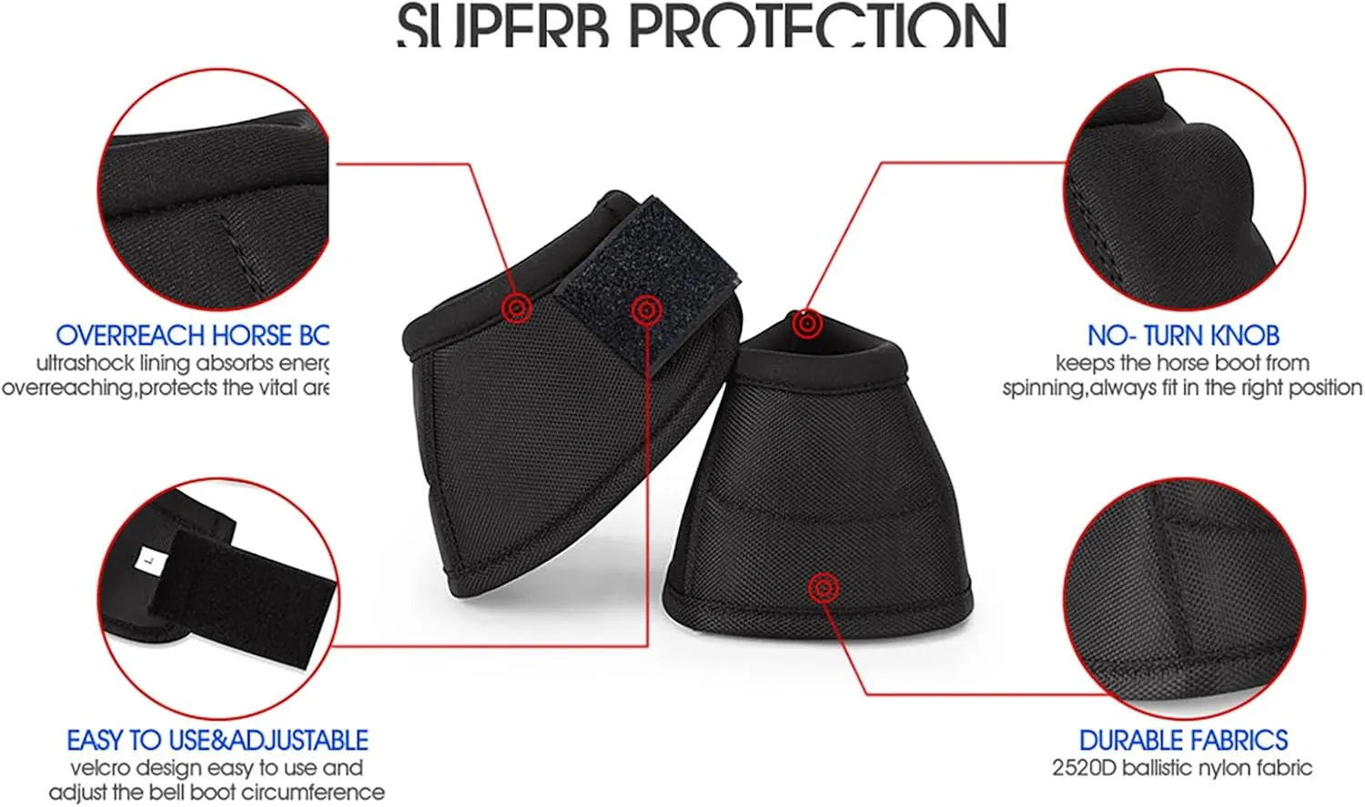 Overrach Bell Boots for Horses | Superb Hoof Protection | Easy Put On Quick Wrap Hook & Loop | Comfortable Durable | Reliable Shock Absorbing 2 Counts (Black, Large)