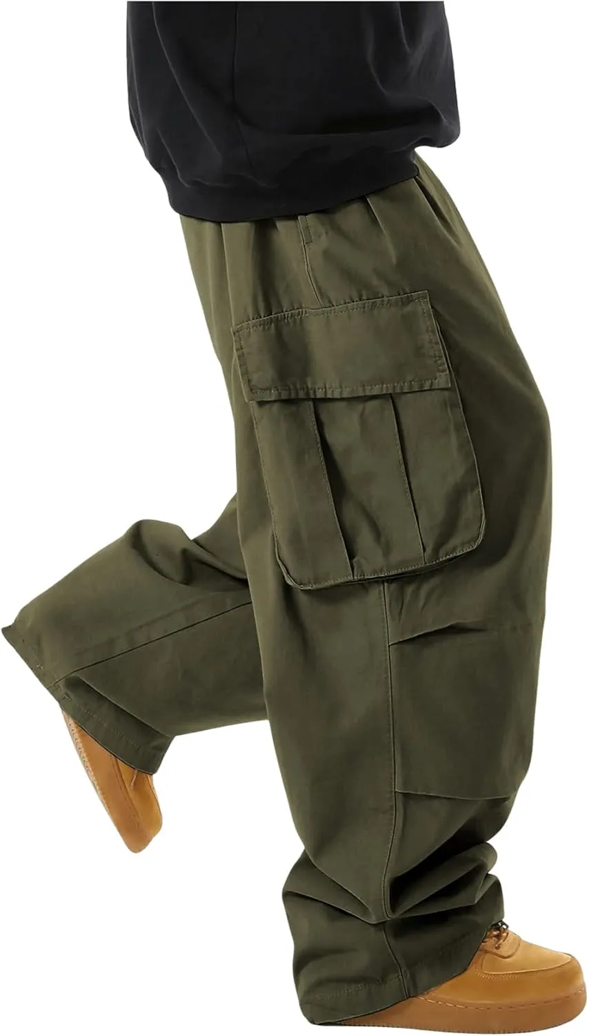 OYOANGLE Men's Drawstring Elastic Waist Flap Pockets Streetwear Baggy Cargo Pants Joggers Hiking Trousers