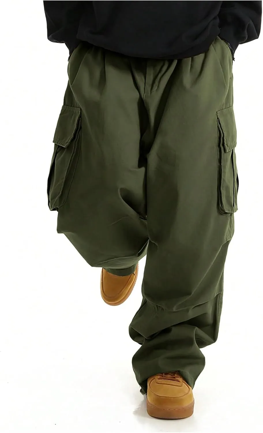 OYOANGLE Men's Drawstring Elastic Waist Flap Pockets Streetwear Baggy Cargo Pants Joggers Hiking Trousers