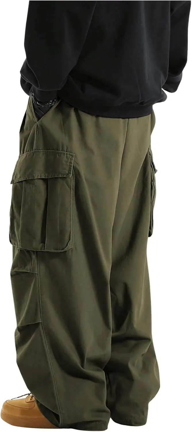 OYOANGLE Men's Drawstring Elastic Waist Flap Pockets Streetwear Baggy Cargo Pants Joggers Hiking Trousers