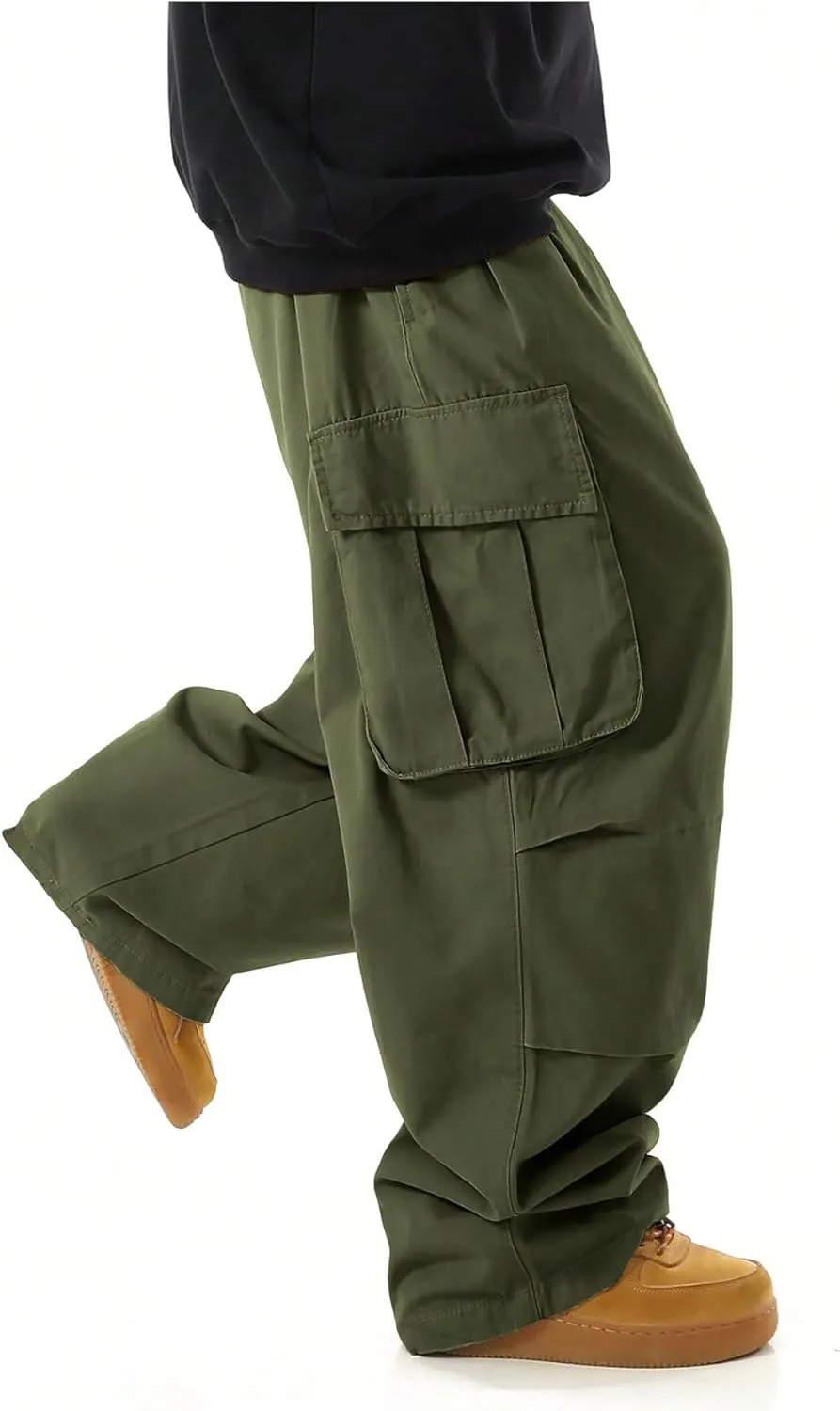 OYOANGLE Men's Drawstring Elastic Waist Flap Pockets Streetwear Baggy Cargo Pants Joggers Hiking Trousers