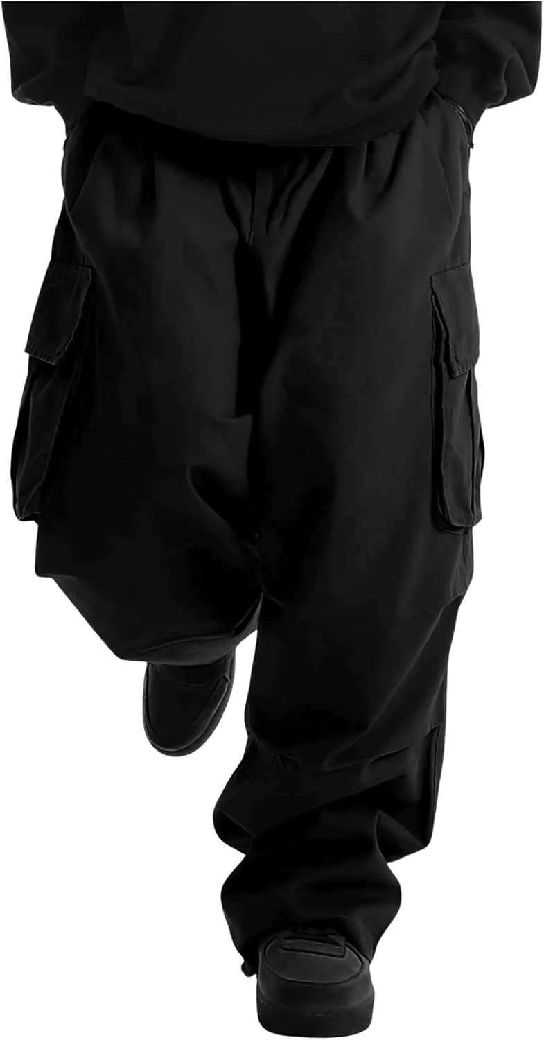 OYOANGLE Men's Drawstring Elastic Waist Flap Pockets Streetwear Baggy Cargo Pants Joggers Hiking Trousers