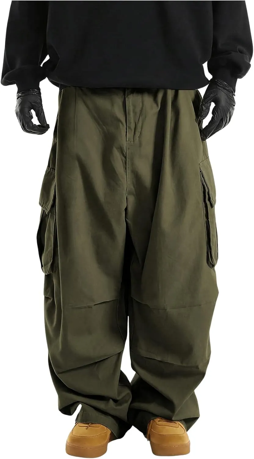 OYOANGLE Men's Drawstring Elastic Waist Flap Pockets Streetwear Baggy Cargo Pants Joggers Hiking Trousers