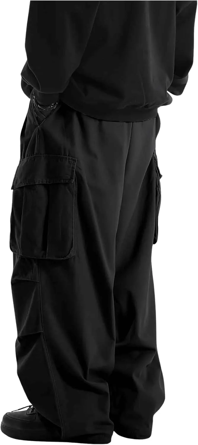 OYOANGLE Men's Drawstring Elastic Waist Flap Pockets Streetwear Baggy Cargo Pants Joggers Hiking Trousers