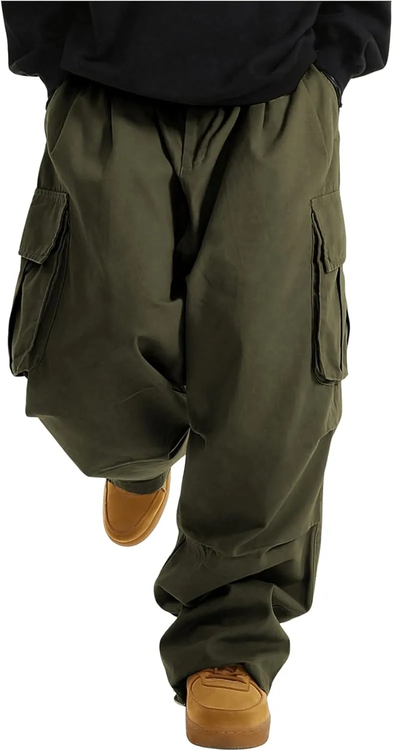 OYOANGLE Men's Drawstring Elastic Waist Flap Pockets Streetwear Baggy Cargo Pants Joggers Hiking Trousers