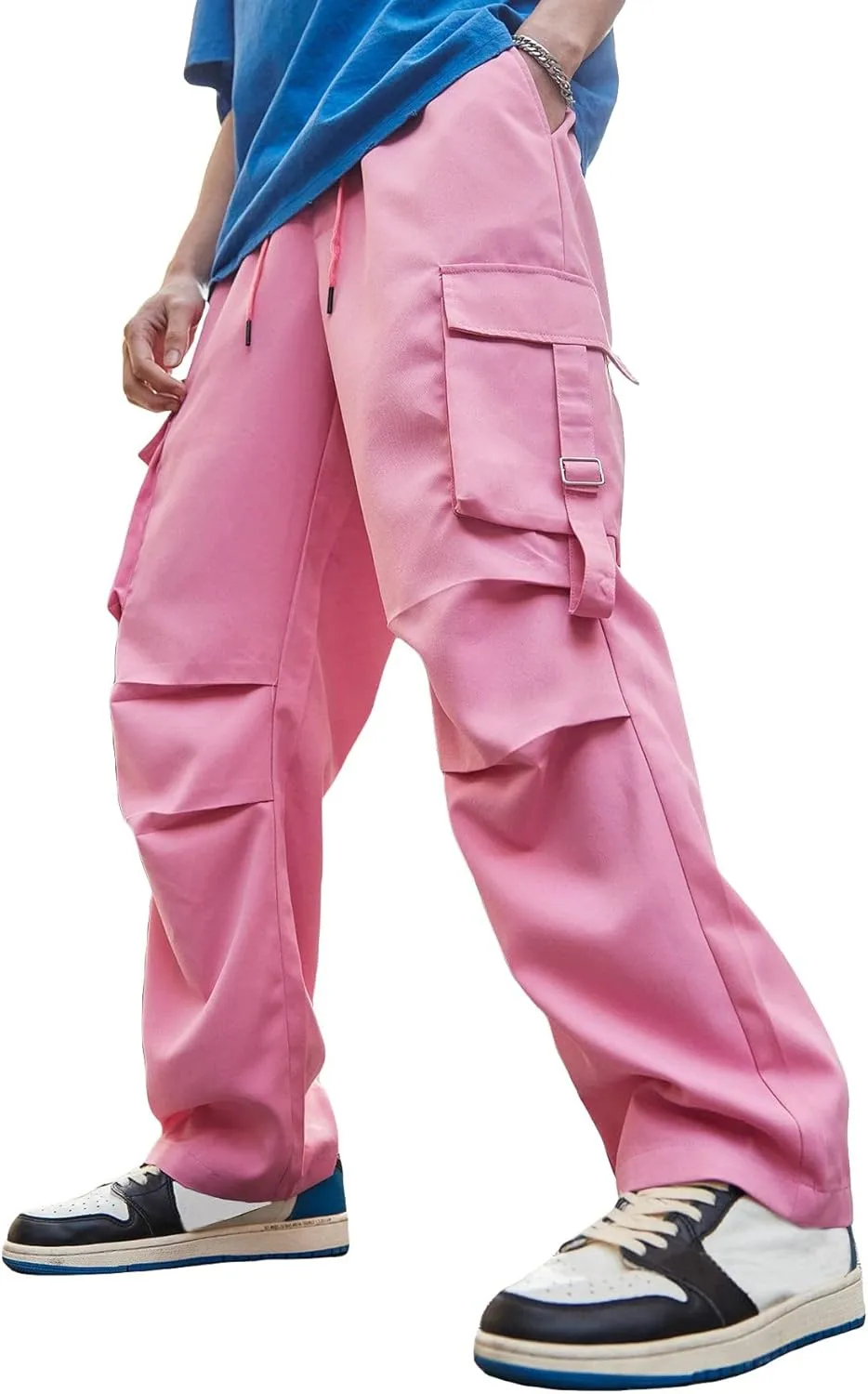 OYOANGLE Men's Drawstring Elastic Waist Flap Pockets Streetwear Baggy Cargo Pants Joggers Hiking Trousers