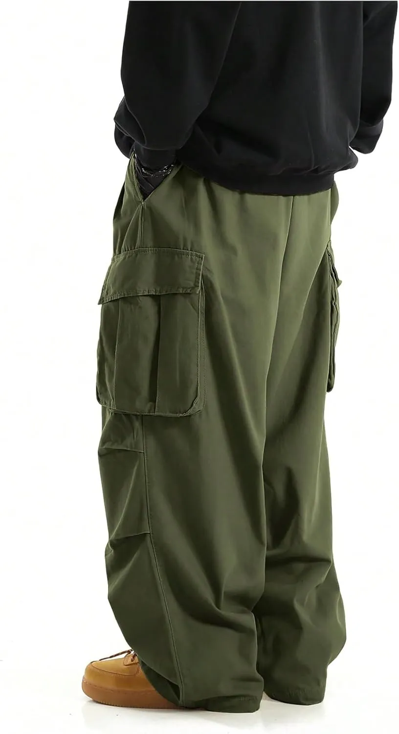 OYOANGLE Men's Drawstring Elastic Waist Flap Pockets Streetwear Baggy Cargo Pants Joggers Hiking Trousers