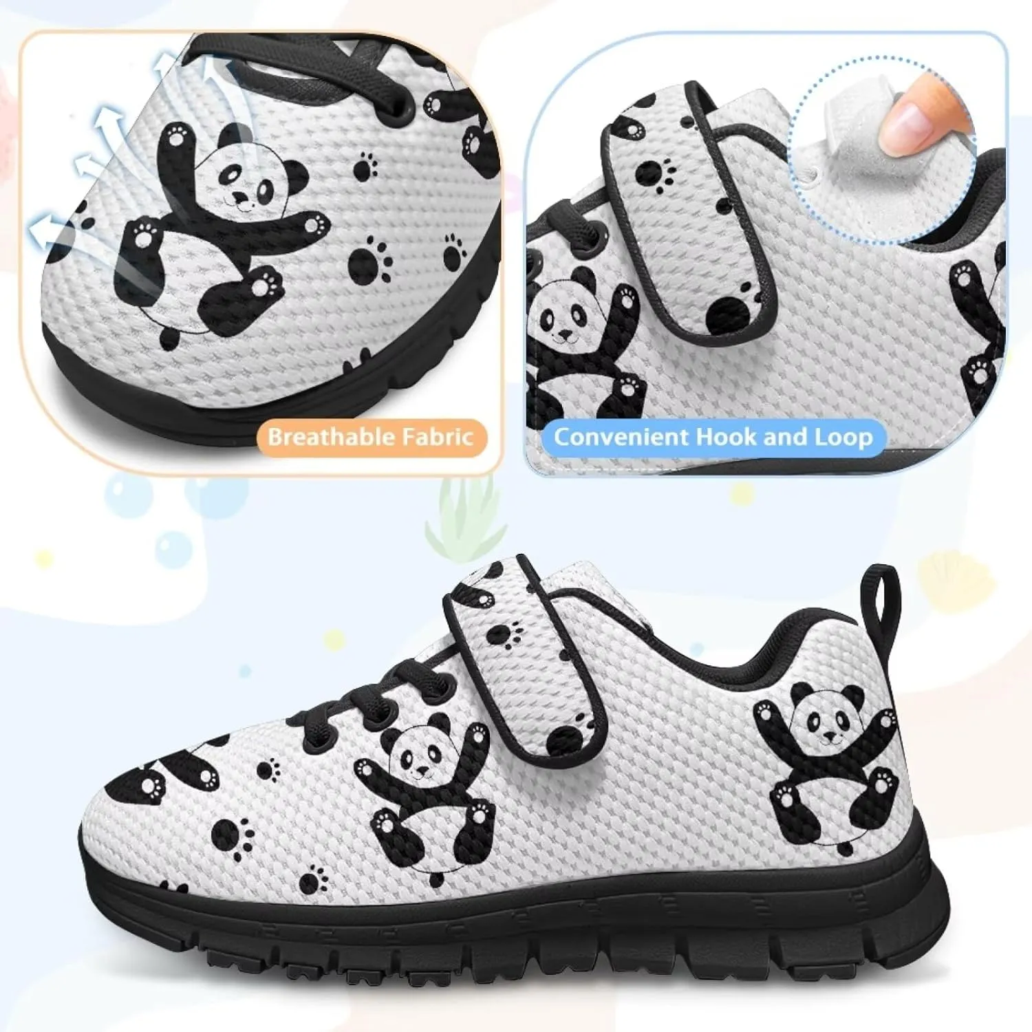 Panda Print Athletic Sneakers for Girl Hook & Loop Soccer Shoes Memory Foam Running Hiking Sneaker