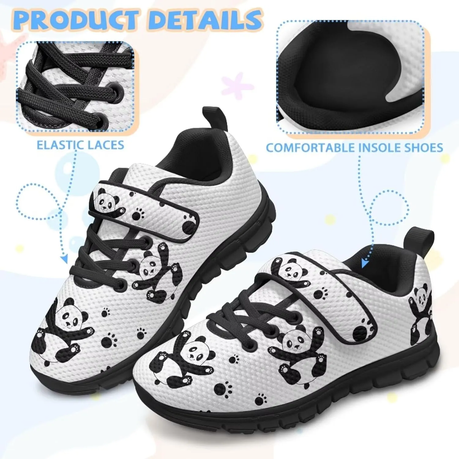 Panda Print Athletic Sneakers for Girl Hook & Loop Soccer Shoes Memory Foam Running Hiking Sneaker