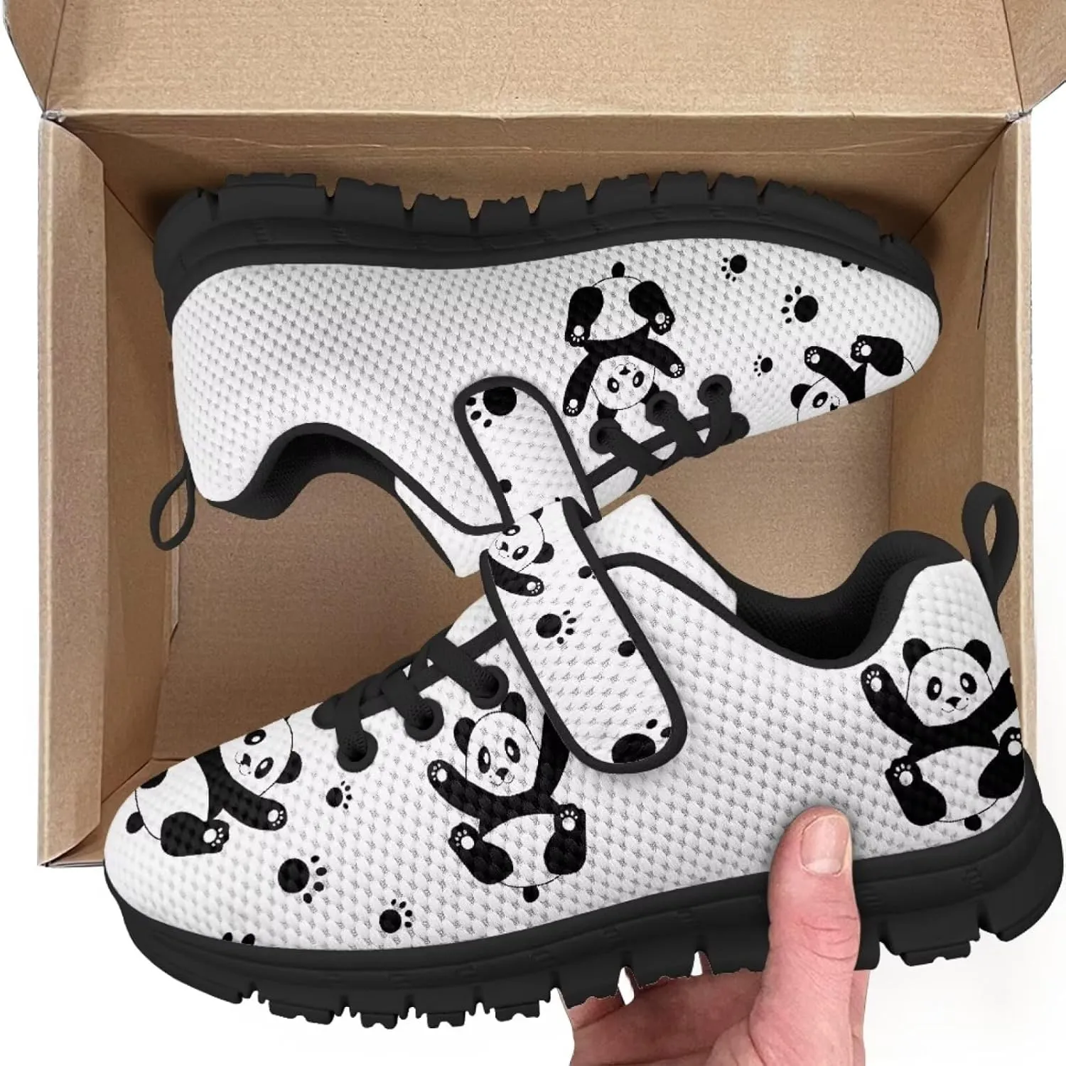 Panda Print Athletic Sneakers for Girl Hook & Loop Soccer Shoes Memory Foam Running Hiking Sneaker