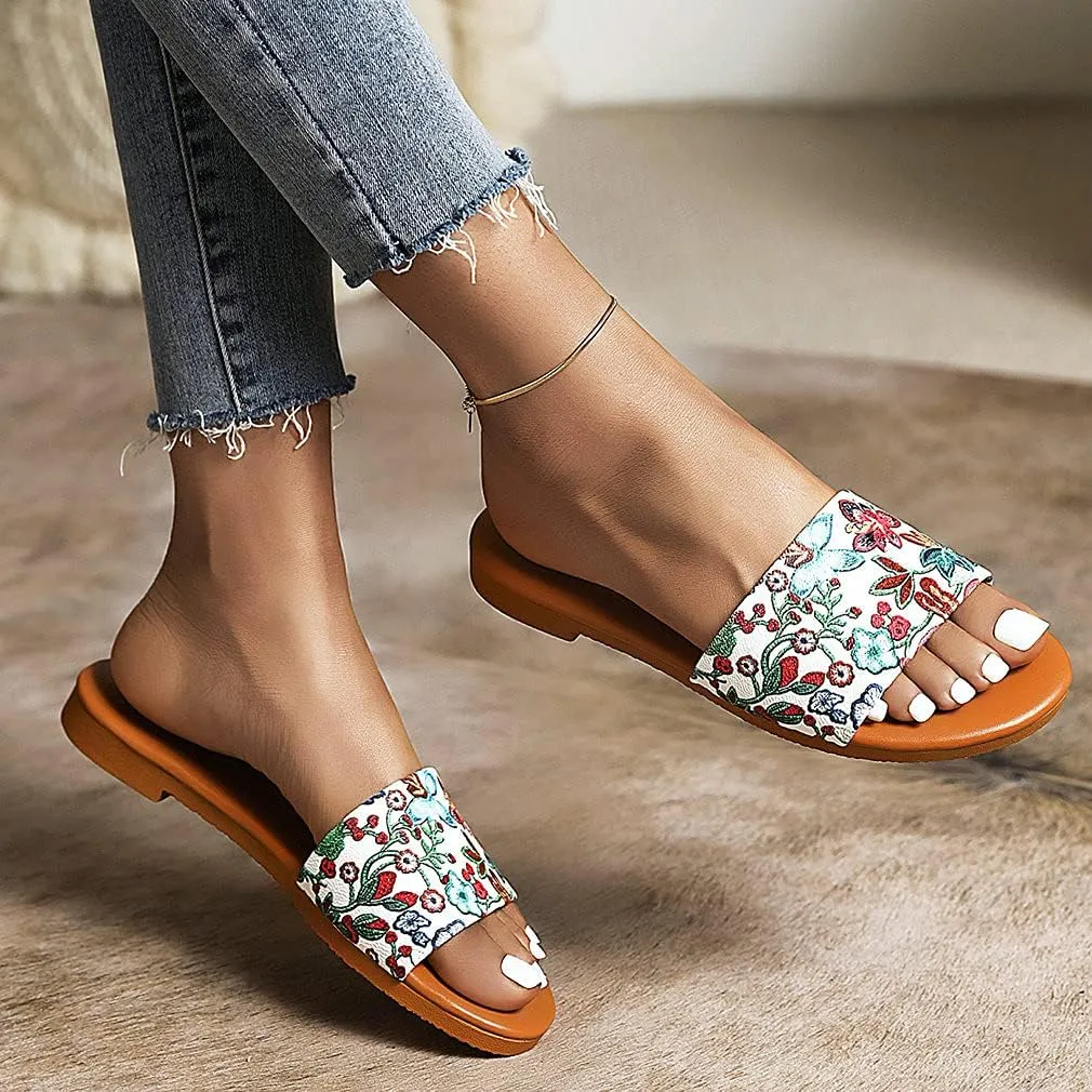 Parisuit Women's Flower Flat Heel Slippers Open Toe Slingback Sandals Slip On Comfortable Mules