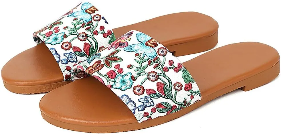 Parisuit Women's Flower Flat Heel Slippers Open Toe Slingback Sandals Slip On Comfortable Mules