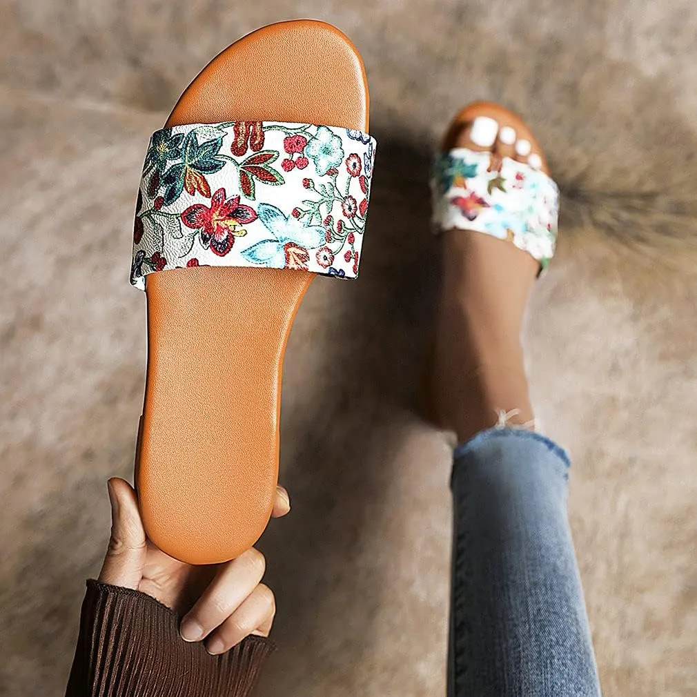 Parisuit Women's Flower Flat Heel Slippers Open Toe Slingback Sandals Slip On Comfortable Mules