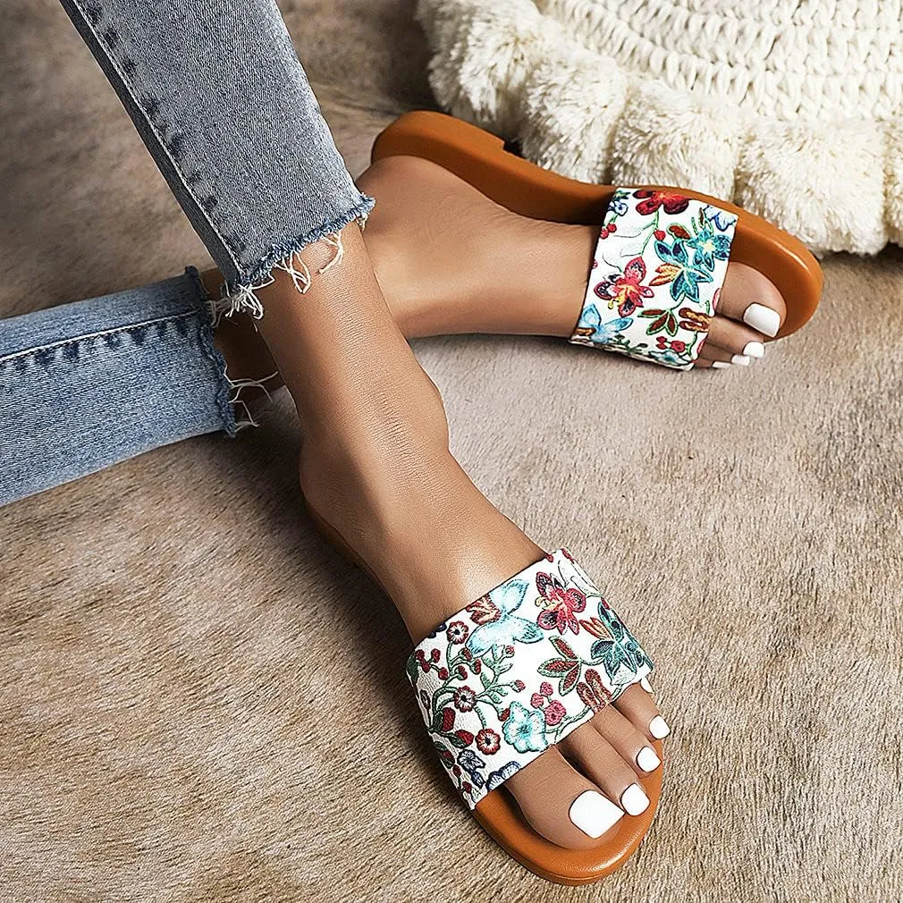 Parisuit Women's Flower Flat Heel Slippers Open Toe Slingback Sandals Slip On Comfortable Mules