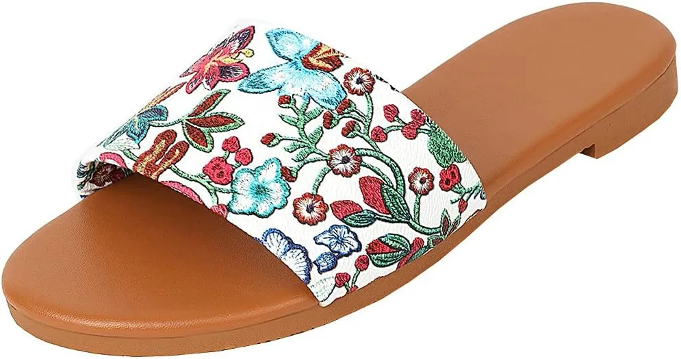 Parisuit Women's Flower Flat Heel Slippers Open Toe Slingback Sandals Slip On Comfortable Mules