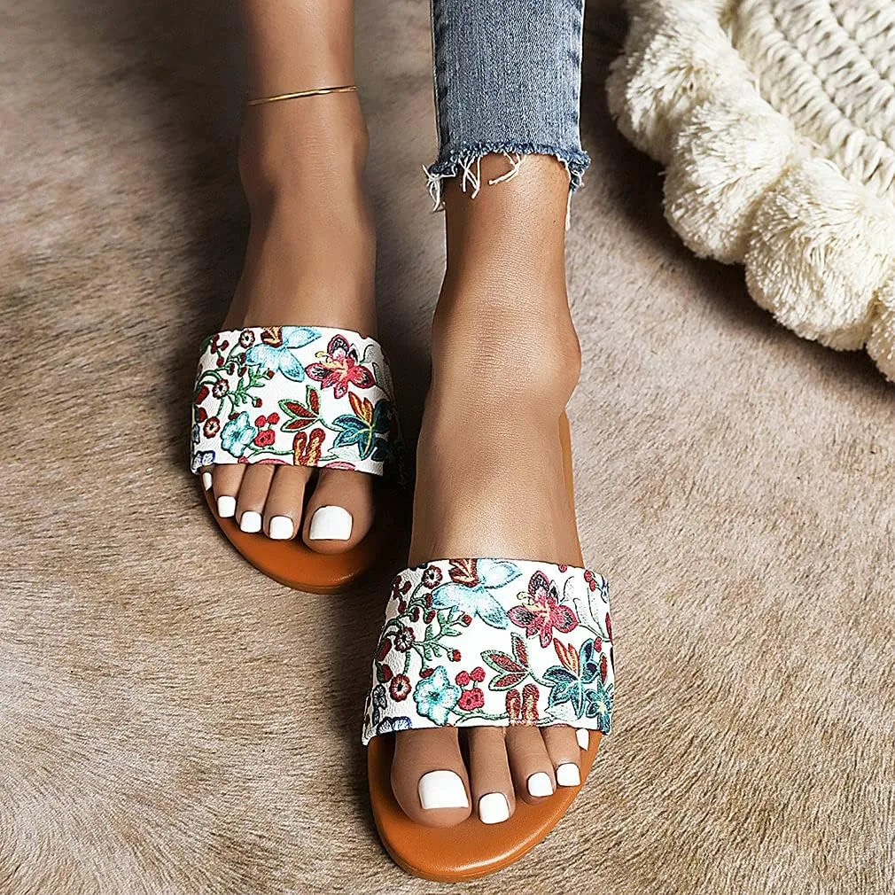 Parisuit Women's Flower Flat Heel Slippers Open Toe Slingback Sandals Slip On Comfortable Mules