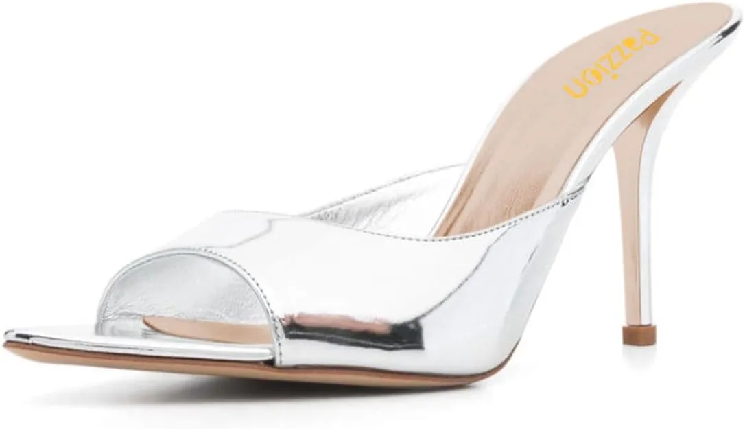 Pazzion Women Classic Pointed Open Toe High Heel Mules Slip On Stiletto Heels Slides Sandals Versatile Leisure Shopping Shoes Size 4-16 US