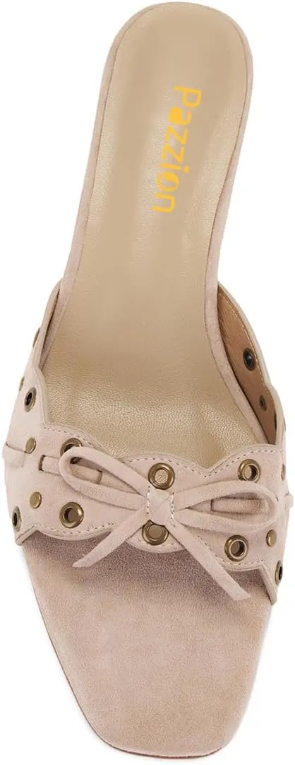 Pazzion Women Cute Kitten Heel Open Square Toe Mules Bows Low Heel Slip On Slides Sandals Daily Walking Dressy Shoes Size 4-16 US