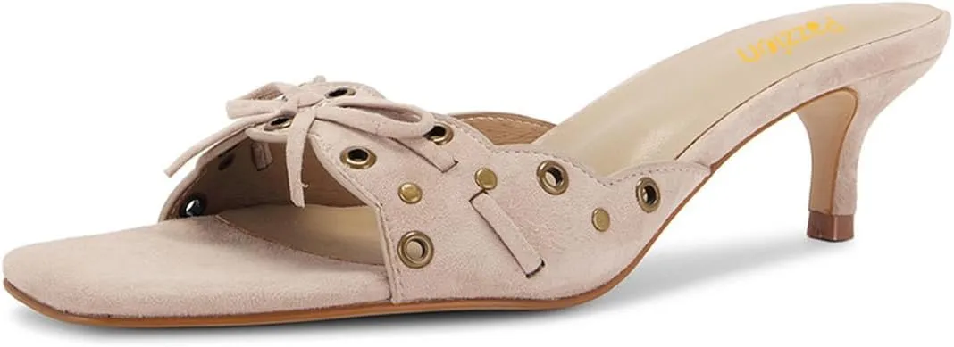 Pazzion Women Cute Kitten Heel Open Square Toe Mules Bows Low Heel Slip On Slides Sandals Daily Walking Dressy Shoes Size 4-16 US