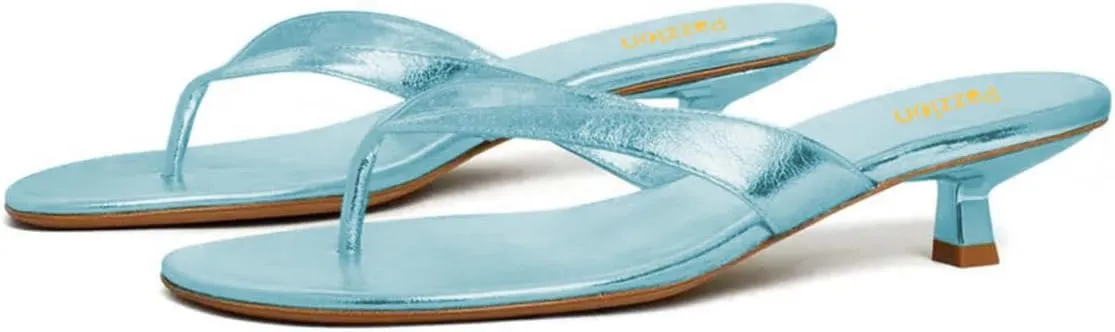 Pazzion Women Fashion Open Toe Kitten Heels Flip Flops Slip On Low Heeled Thong Sandals Comfortable Summer Party Shoes Size 4-16 US
