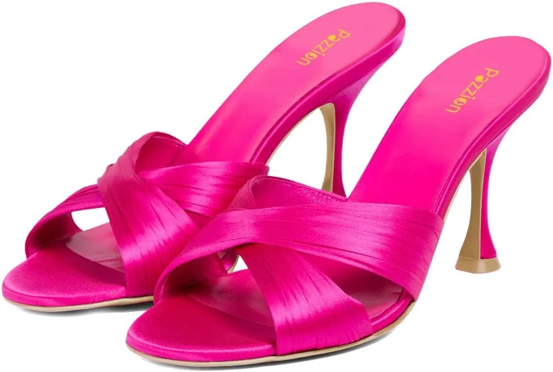 Pazzion Women Graceful Open Round Toe High Heel Mules Sandals Cross Straps Slip On Backless Slipper Casual Outdoor Prom Shoes Size 4-16 US