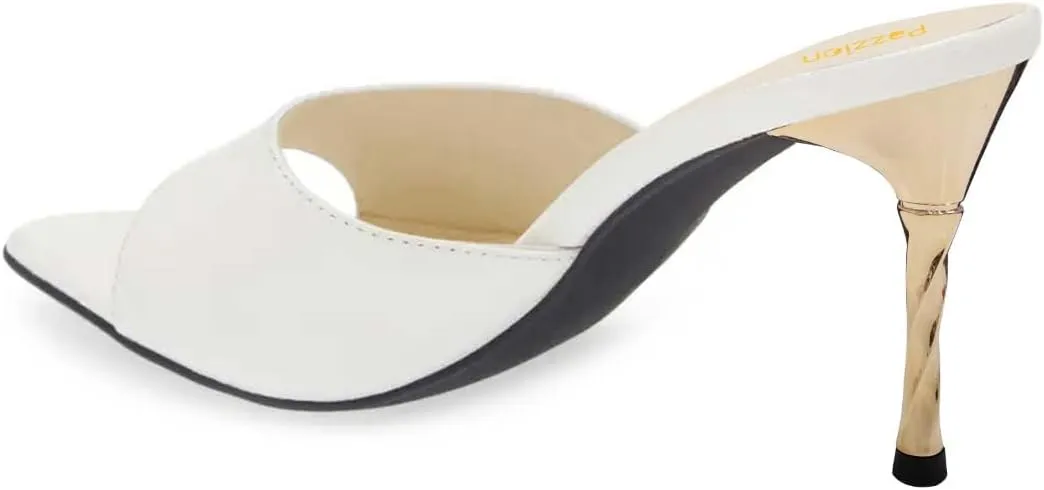 Pazzion Women Ladies Open Toe Metal High Heeled Slide Mules Slip On Slim Heel Backless Sandals Comfy Outdoor Dress Shoes Size 4-16 US