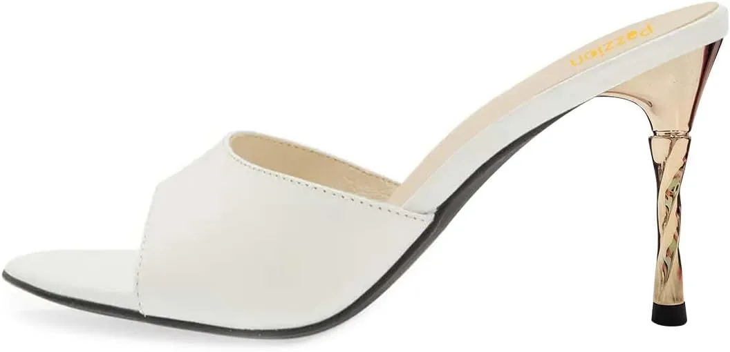 Pazzion Women Ladies Open Toe Metal High Heeled Slide Mules Slip On Slim Heel Backless Sandals Comfy Outdoor Dress Shoes Size 4-16 US