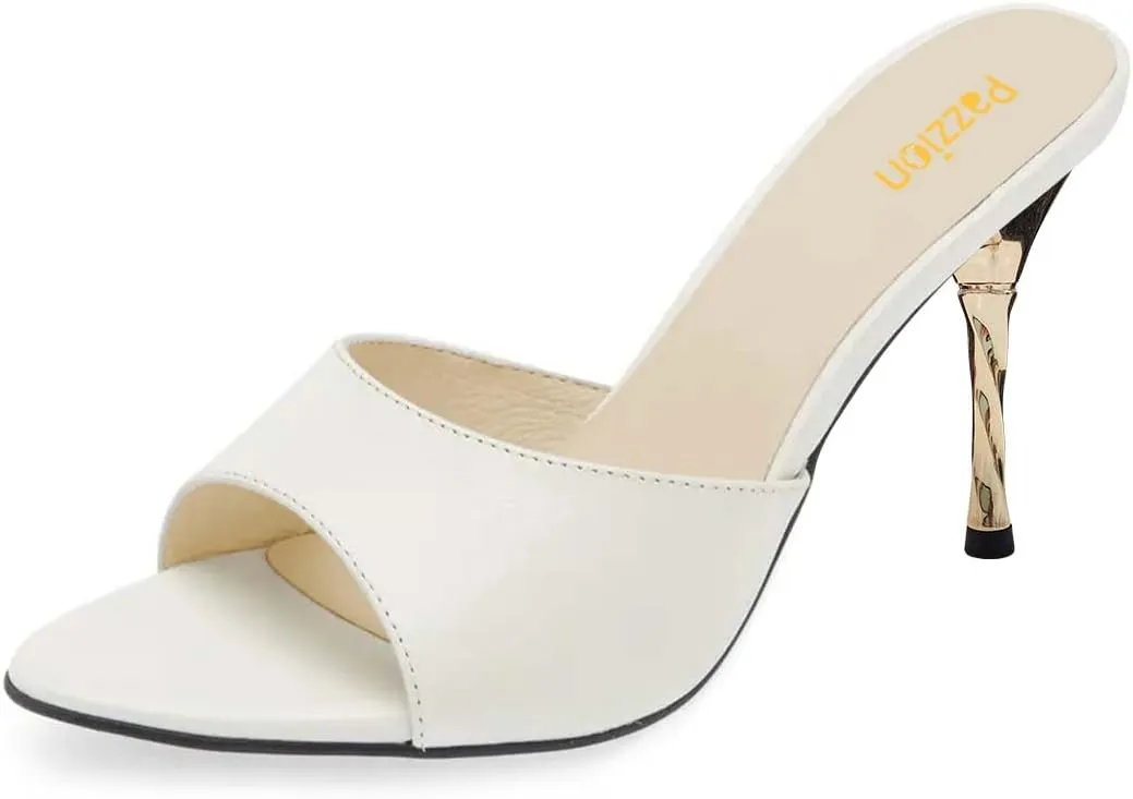 Pazzion Women Ladies Open Toe Metal High Heeled Slide Mules Slip On Slim Heel Backless Sandals Comfy Outdoor Dress Shoes Size 4-16 US