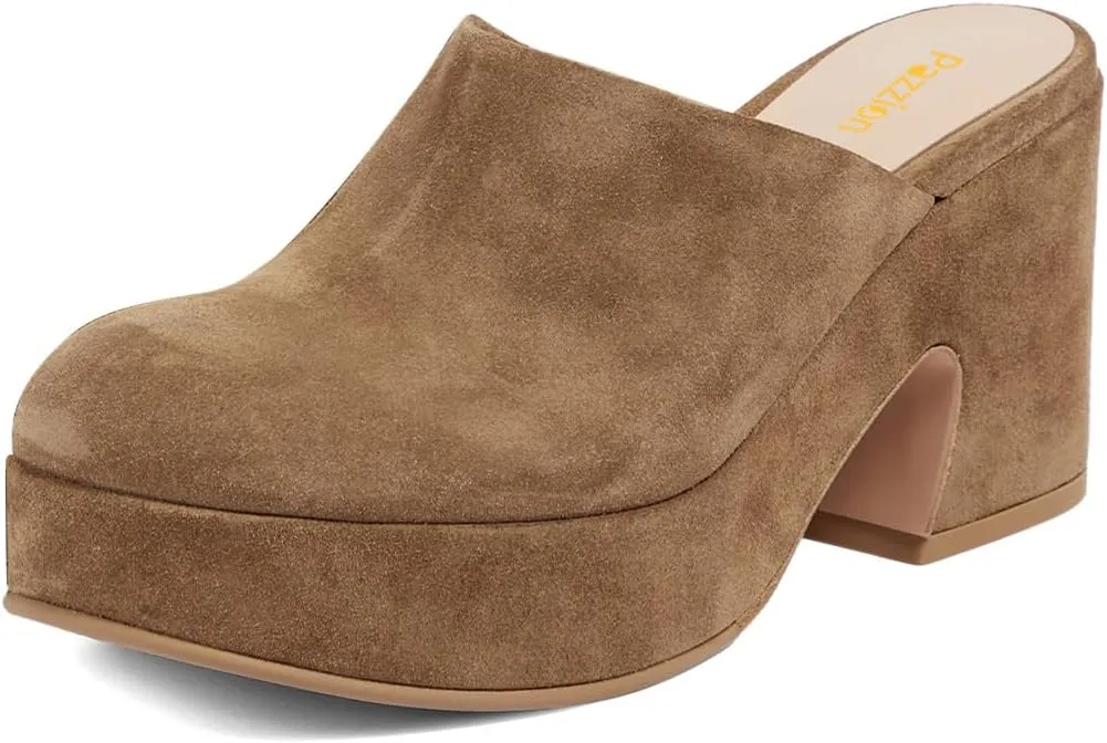 Pazzion Womens Comfy Thick Platform Closed Rounded Toe Mules Clogs Slip On Chunky High Heel Slipper Versatile Indoor Shopping Shoe Size 4-16 US