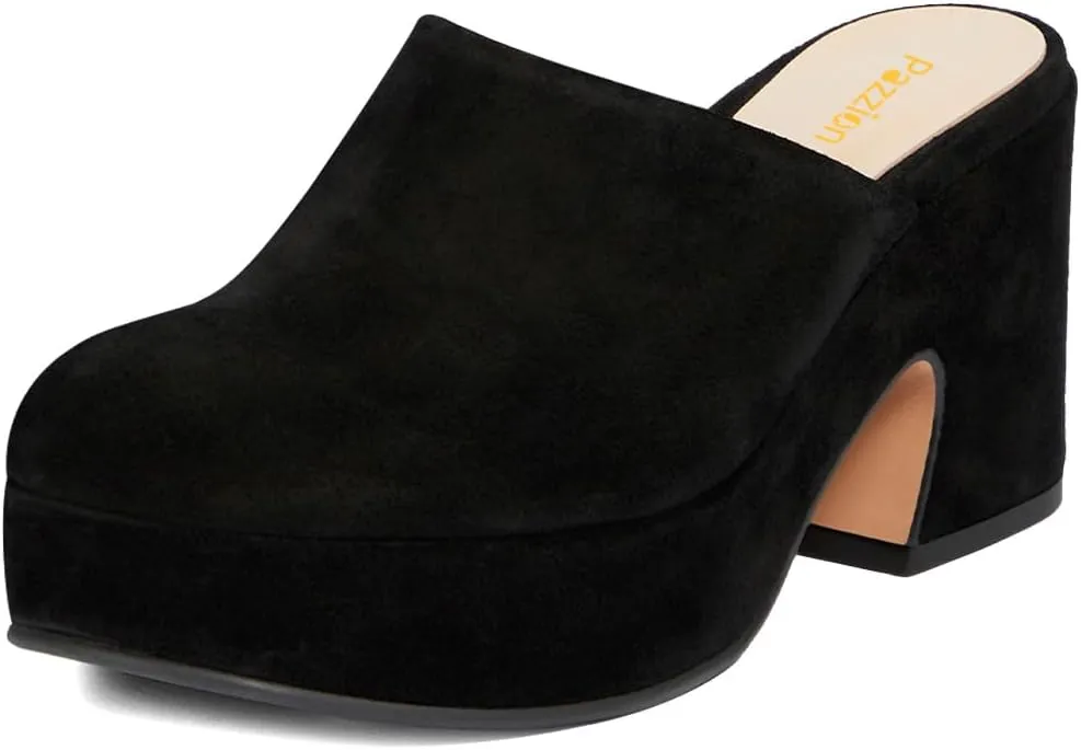 Pazzion Womens Comfy Thick Platform Closed Rounded Toe Mules Clogs Slip On Chunky High Heel Slipper Versatile Indoor Shopping Shoe Size 4-16 US