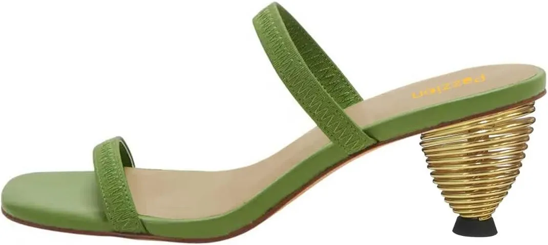 Pazzion Women's Open Toe Metallic Heeled Slides Sandals Two Straps Low Cone Heel Slip On Mules Slippers Basic Indoor Daily Shoes Size 4-16 US