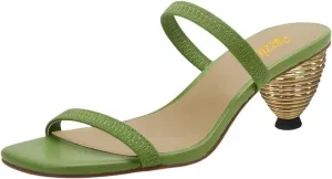 Pazzion Women's Open Toe Metallic Heeled Slides Sandals Two Straps Low Cone Heel Slip On Mules Slippers Basic Indoor Daily Shoes Size 4-16 US