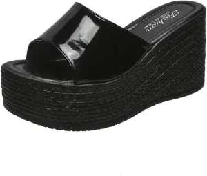 pearlzone Women's Wedge Sandals Open Toe Slip on Comfort Flip Flops Casual Summer Fish Mouth Platform Backless Mules Shoes
