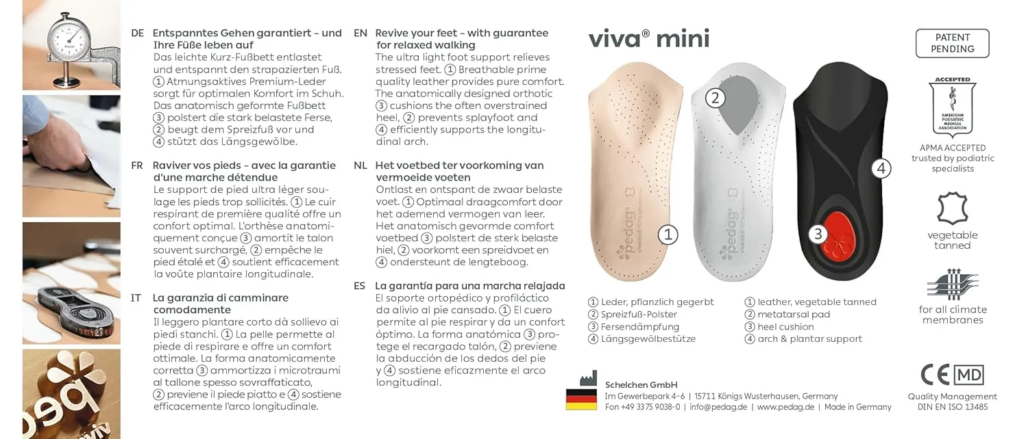 pedag Viva Mini | 3/4 Leather Arch Support Inserts | Handmade in Germany | Plantar Fasciitis Relief | Heel Cushion | Metatarsal Support | Low Profile Shoe Insoles | Tan | Women US 11/ Men 8/ EU 41